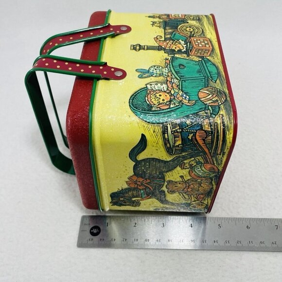 Vintage Potpourri Christmas Tin Box Storage Trinket 5” Container Red Handle Girl - Picture 10 of 10